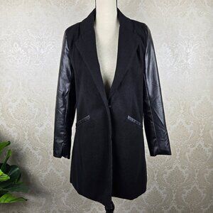 JeyKay Size XL Black Long Length Jacket Faux Leather Sleeves and Trim Pockets